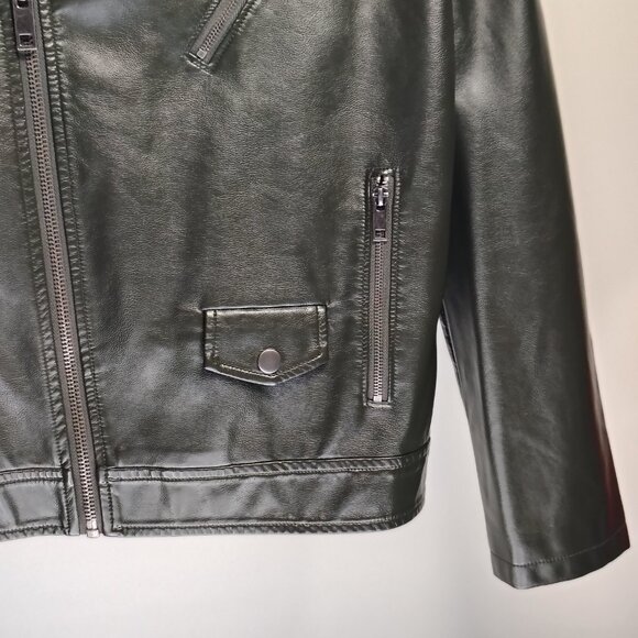 Feicui Faux Leather Biker Jacket Mens Size Medium Dark Green Moto Punk - Picture 6 of 16